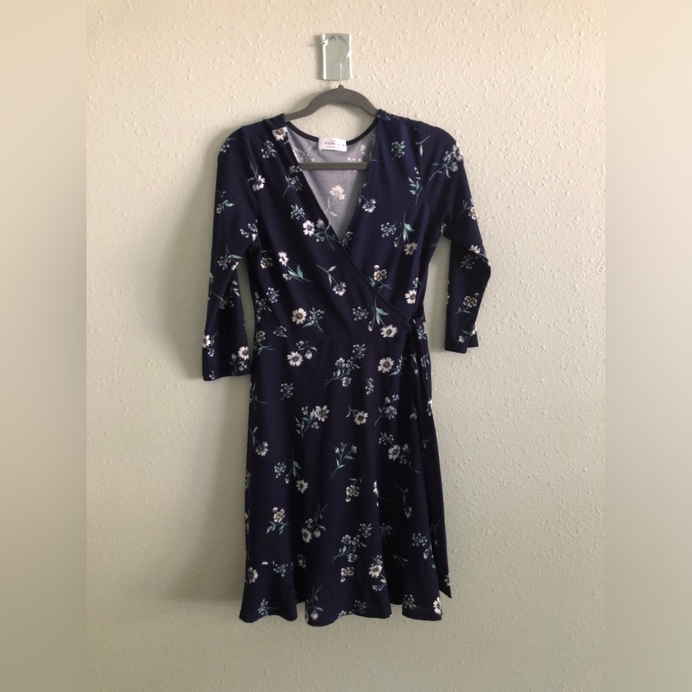 Kaileigh Blue Fit and Flare Wrap Dress with Cuffed Sleeves
